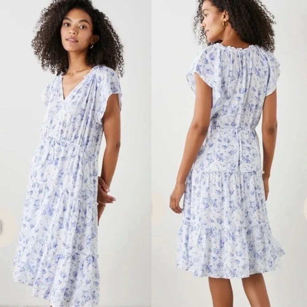 Rails Juni Tiered Midi Dress Blue Blossoms Linen Blend V Neck Boho Cottagecore M